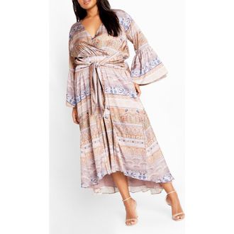 City Chic Marilyn Long Sleeve Faux Wrap Maxi Dress in Print at Nordstrom, Size Xxl