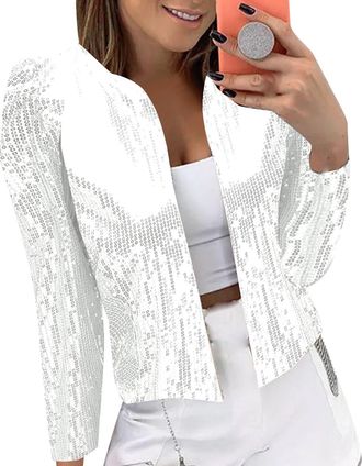 Generic Womens Casual Fashion Sequin Bead Sparkling Suit Cardigan Jacket Womens Vests for Winter (White, XXL)
