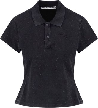 Alexander Wang Black Crystal Shrunker Cropped Cotton Polo Shirt