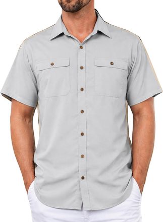 Generic Short Sleeve Shirt Mens Solid Lapel Collar T-Shirt with Buttons and Chest Pockets Mens Regular Fit Clothes and Base Top for Everyday Wear