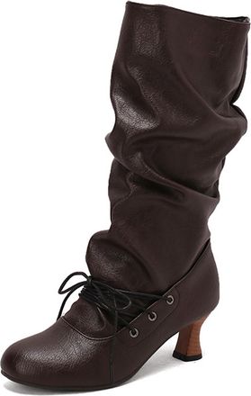 Generic Womens Vintage Style Knee-High Boots Side Zip Faux Leather Slouchy Design Lace-Up Front with Kitten Heel Elegant Evening Footwear,Dark Brown,4.5 UK