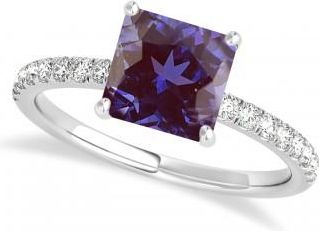 Allurez Princess Alexandrite & Diamond Single Row Hidden Halo Engagement Ring 18k White Gold (0.81ct)