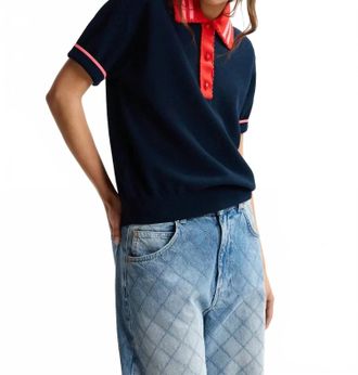 Essentiel Knit Lace Trimmed Collar Polo Top In Navy