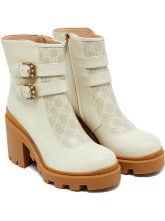 Gucci canvas leather buckle boots - women - Calf Leather/Calf Leather/Canvas/Rubber - 42 - Neutrals