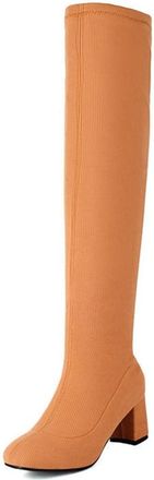 Generic Womens Fashion Stretch Knitted Over The Knee Boots Round Toe Block Heel Pull On Winter Dress Shoes (5.5,Brown)