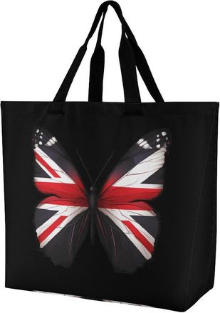 Generic England Flag Butterfly Reusable Shopping Bags Large Capacity Grocery Bag Heavy Duty Tote for Women 40x40x16cm