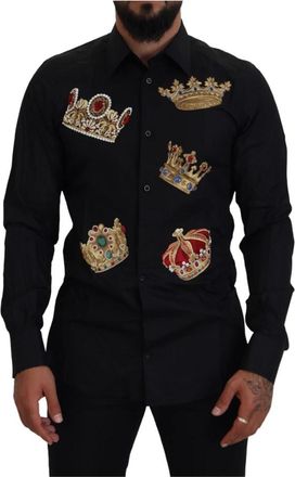 Dolce & Gabbana Zwarte Gouden Kroon Slim Fit Jurk Overhemd - Heren - Casual Overhemden - Zwart - XS - Katoen - Overhemden