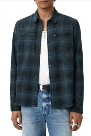 John Varvatos Dario Brushed Plaid Shirt In Titanium Blue