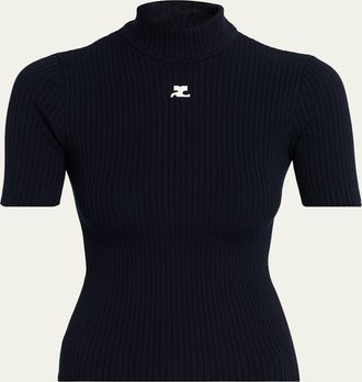 Courr&egrave;ges Mock-Neck Short-Sleeve Rib Pullover