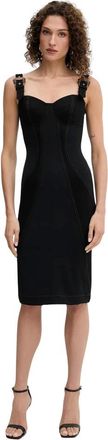 Versace Jeans Couture Kleedjes, Dames, Zwart, L, Katoen, Midi Jurk met Gespdetails