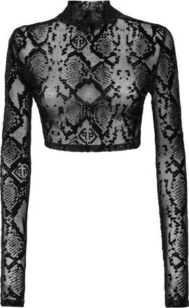 Philipp Plein Stretch Tulle Long Sleeve Crop Top - Dames - Longsleeves - Zwart - XS - Polyester - Tops