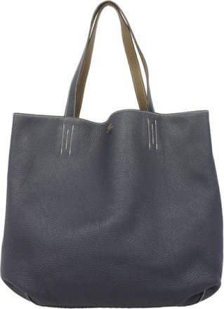 Herm&egrave;s Blue Nuit Etoupe Gray Taurillon Clemence Leather Tote Bag (Pre-Owned)