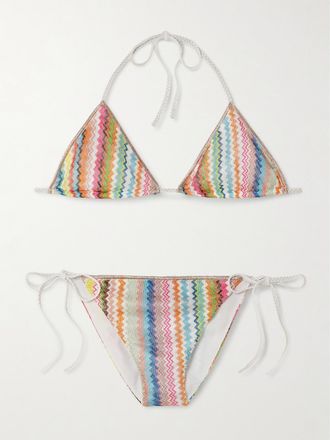 Missoni Bikini A Triangolo In Maglia Crochet Con Finiture Metallizzate A Righe Mare - Verde