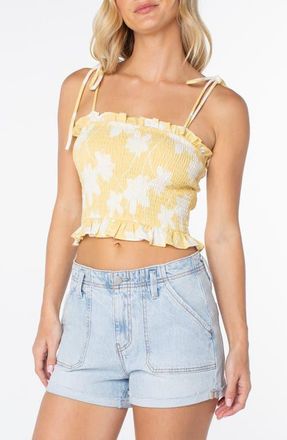Roxy Avalon Floral Smocked Cotton Blend Crop Top in Raffia at Nordstrom, Size Xx-Large