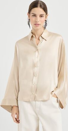 Brunello Cucinelli Stretch silk satin shirt in Sand at Nordstrom, Size Xx-Large Eu