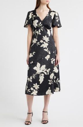 Chelsea28 Floral Jacquard Draped Midi Dress in Black- Ivory Jan Toile at Nordstrom Rack, Size X-Large