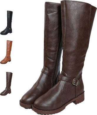 Generic Knee High Boots for Women Wide Calf, Low Heel Flat Riding Boots, Brown Leather Long Boots with Side Zipper, Comfortable Daily Wear (3.5,Brown)