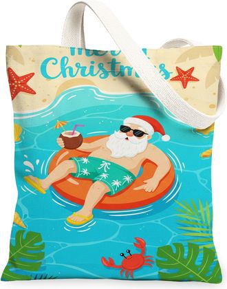 Generic Christmas Santa Beach Canvas Tote Bags, Fun Holiday Tropical Print Reusable Grocery Bags, Lightweight Washable Shoulder Str, Blue, 13x15 Inch