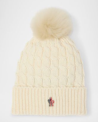 Moncler Cable-Knit Beanie with Fur Pom