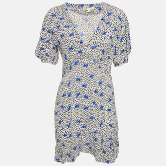Maje White Floral Print Crepe Asymmetric Ruffled Mini Dress