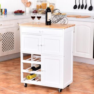 Costway Carrito De Cocina Madera Con Rueda Caj&oacute;n 67x37x87cm Estanter&iacute;a De Cocina Vino Armario Blanco