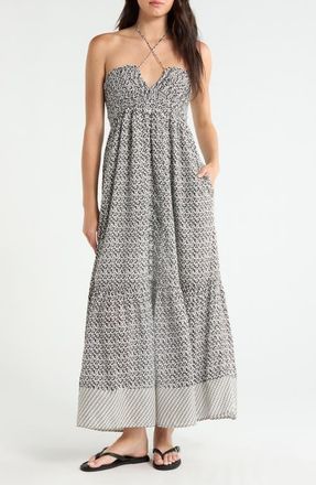 Elan Strapless Border Print Tiered Maxi Dress in Black Zina at Nordstrom, Size X-Small