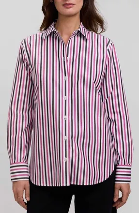 Foxcroft Meghan Stripe Cotton Button-Up Shirt in Pomegranate Pink/multi at Nordstrom, Size X-Large
