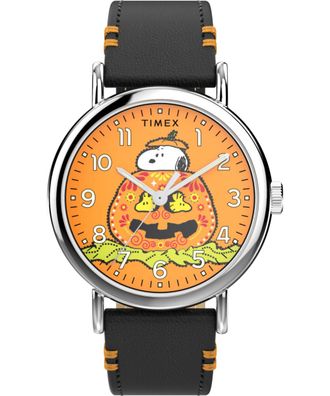 Timex Peanuts Weekender Pumpkin Mens Black Watch TW2Y12300 Leather - One Size