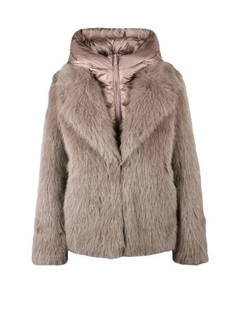 Bomboogie Taupe Quilted Short Polyester Faux Fur Jacket