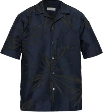 Dries Van Noten Spikey Flower Applique Shirt - Heren - Korte mouwen Overhemden - Blauw - M - Katoen - Overhemden
