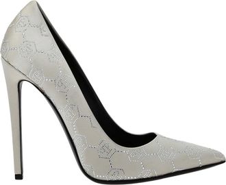 Philipp Plein Schoenen, Dames, Beige, 40 EU, Satijn, Satijnen Decollete Hi-Heels Monogram Strass