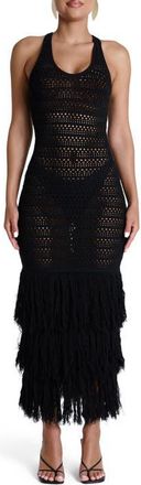 Naked Wardrobe Open Stitch Fringe Midi Dress in Black at Nordstrom, Size X-Small