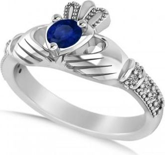 Allurez Blue Sapphire & Diamond Claddagh Engagement Ring in 14k White Gold (0.42ct)