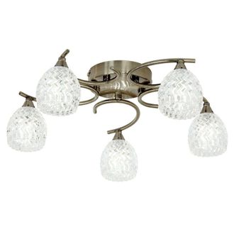 Loops Semi Flush Ceiling Light Brass Textured Glass 5 Bulb Hanging Pendant Lamp Shade in Clear