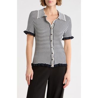 Elie Tahari Rib Stripe Short Sleeve Cardigan in Navy/Ivory at Nordstrom Rack, Size X-Small