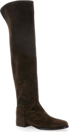 Dolce & Gabbana Womens Brown Knee-High Boots With Logo Plaque Lamb
