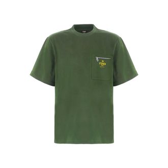 Fendi Mens Crewneck Cotton T-Shirt in Green, Size X-Large