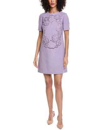 Oscar De La Renta Floral Detail Tweed Silk-Lined Wool-Blend Shift Dress