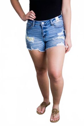 Judy Blue Womens Mid-Rise Lemon Patch Destroyed Shorts In Medium Wash