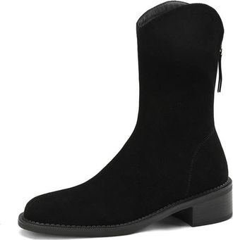 TinaCus Womens Round Toe Suede Leather Handmade Back Zipper Casual Mid-Calf Boots with Low Chunky Heels, Black, 5.5 UK