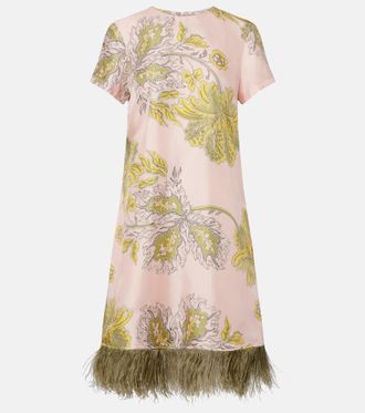 La DoubleJ Swing feather-trimmed floral silk twill minidress