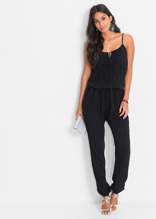 Bonprix Jumpsuit BONPRIX Jumpsuit aus strukturierter Viskose, Damen, Gr. 34, N-Gr, schwarz, Obermaterial: 100% Viskose. Spitze: 100% Polyester, figurumspielen