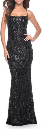 La Femme Print Sequin Gown with Square Neckline in Black at Nordstrom, Size 10