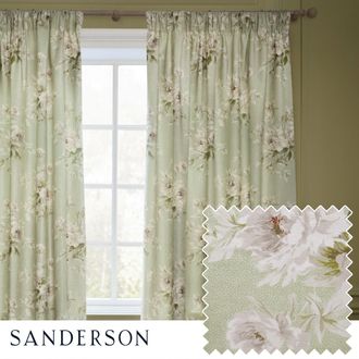 Sanderson Adele Floral Chenille Room Darkening Pencil Pleat Curtains in Light Green | Size: 229 cm width x 229 cm drop