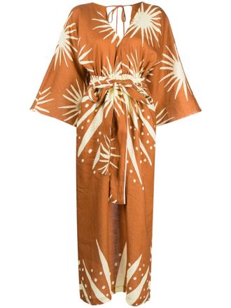 Cala de la Cruz graphic-print linen dress - women - Linen/Flax - L - Brown