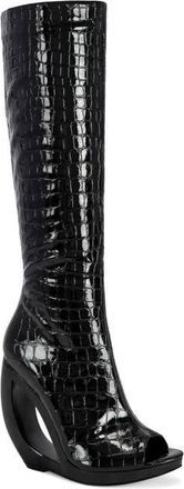 Azalea Wang Camilla Croc Embossed Peep Toe Bootie in Black at Nordstrom, Size 6.5