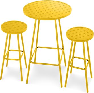 Best Choice Products 3-Piece Steel Patio Bar Height Round Bistro Set w/ Backless Stools, Slatted Design