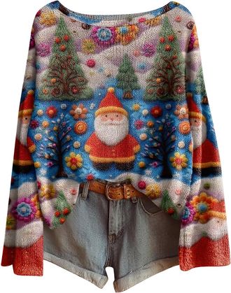 Generic Funny Christmas Jumper for Women, Long Sleeve Loose Fit Boat Neck Sweater Pullover, Festive Knitted Jumper with Multiple Designs for Holiday & Casual 