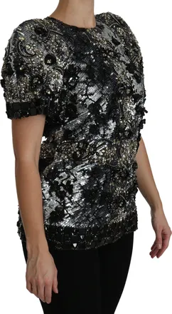 Dolce & Gabbana Black Sequined Crystal Embellished Top Womens Blouse