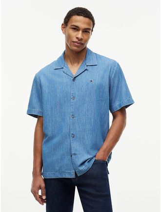 Tommy Hilfiger Mens Classic Fit Lightweight Denim Camp Shirt - Light Wash Denim - XL